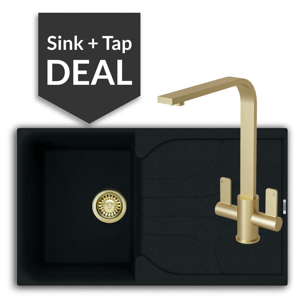 Quartz Black Small Single Bowl Sink & Mesa Brass Tap Pack