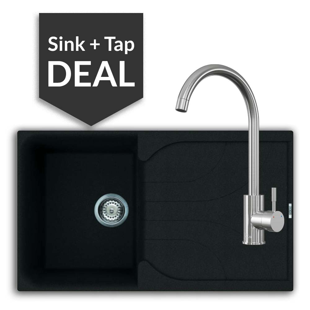Quartz Black Small Single Bowl Sink & Varone Brushed Steel Tap Pack