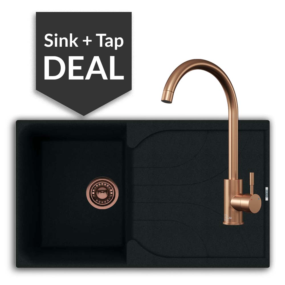 Quartz Black Small Single Bowl Sink & Varone Copper Tap Pack