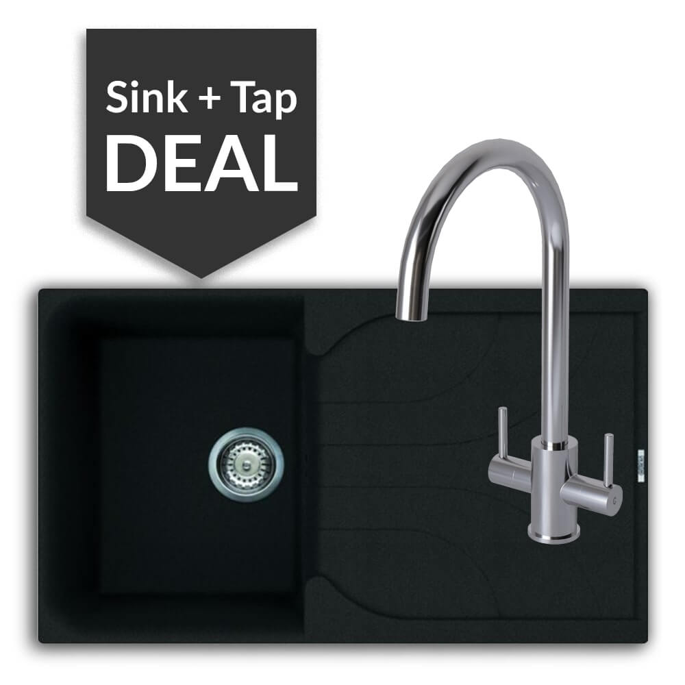 Quartz Black Small Single Bowl Sink & Apsley Chrome Tap Pack
