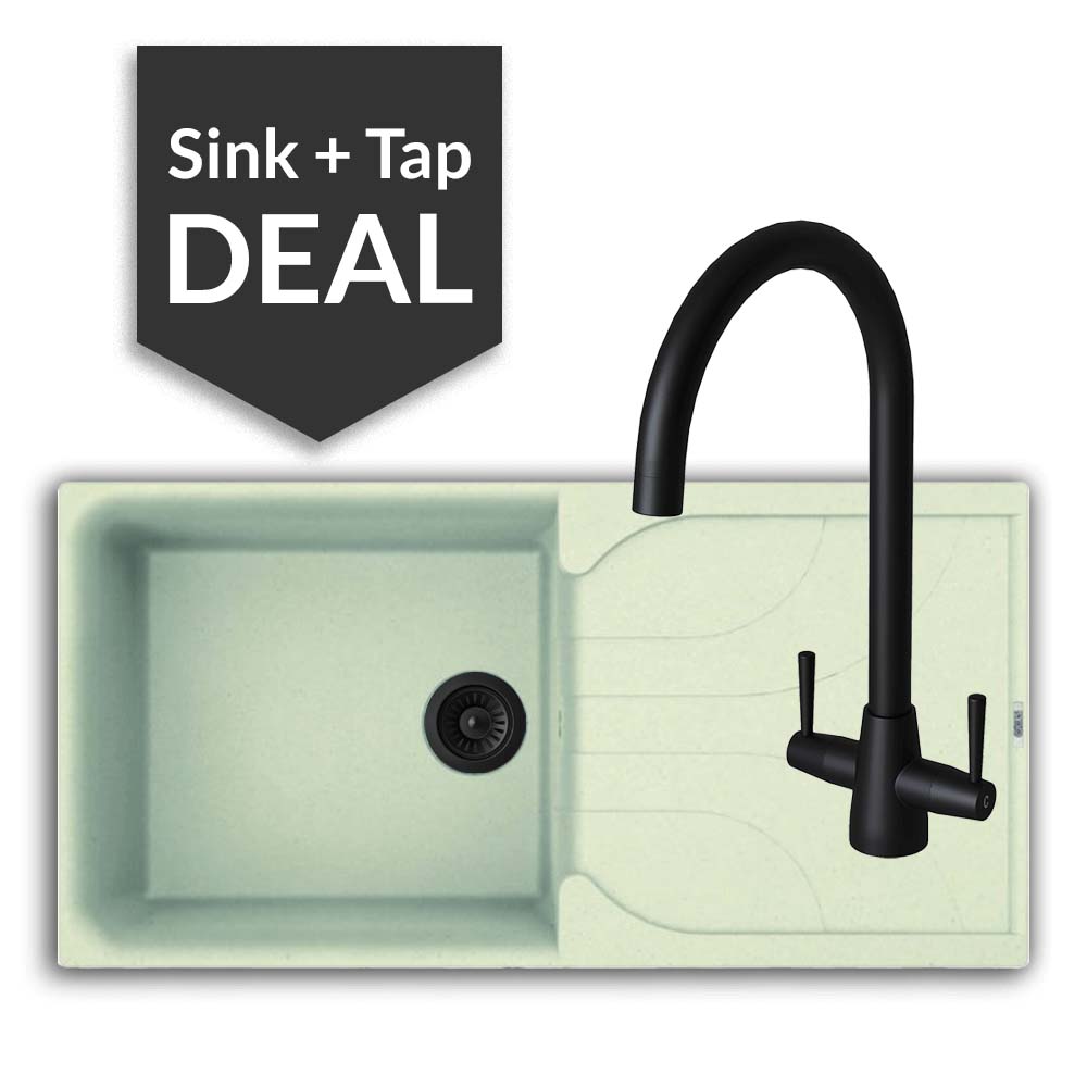 Quartz Cream Large Single Bowl Sink & Cascade Matte Black Tap Pack