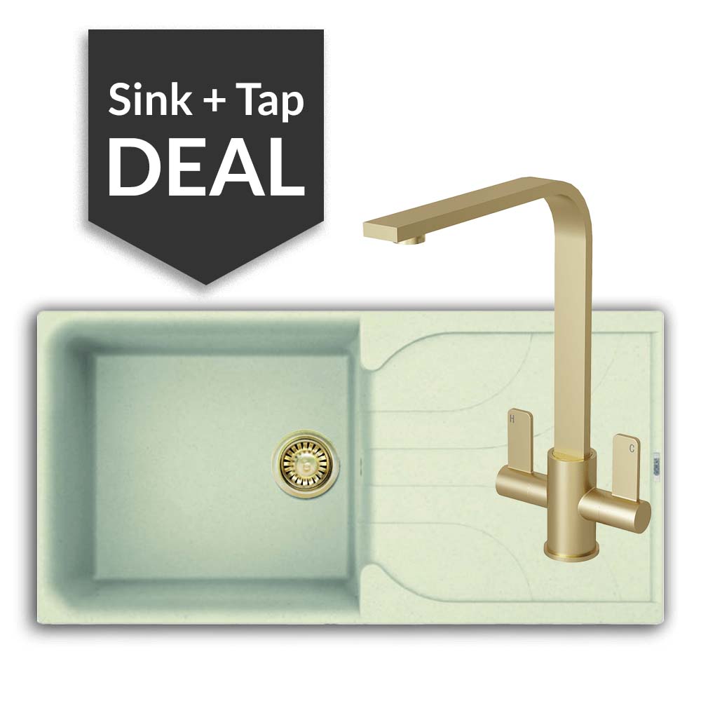 Quartz Cream Large Single Bowl Sink & Mesa Brass Tap Pack