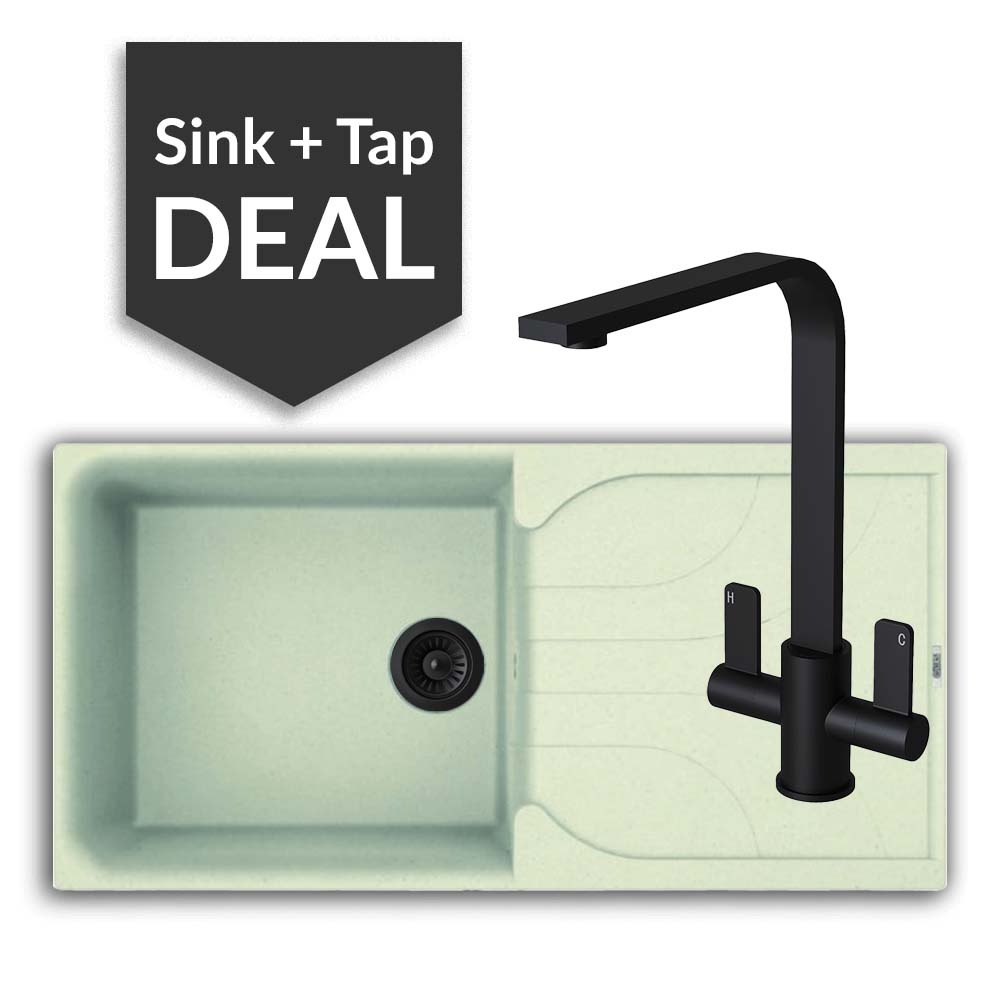 Quartz Cream Large Single Bowl Sink & Mesa Matte Black Tap Pack