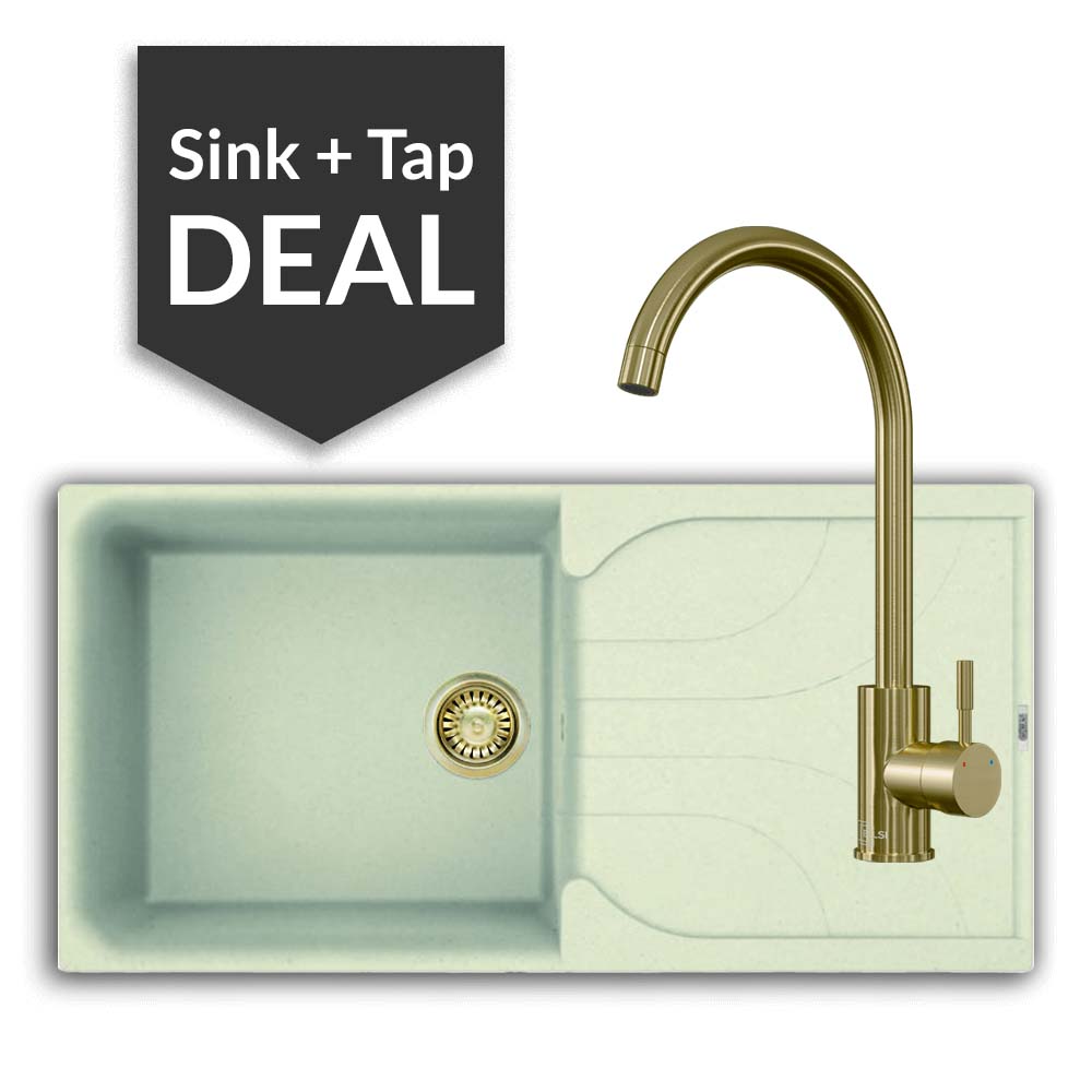 Quartz Cream Large Single Bowl Sink & Varone Brass Tap Pack