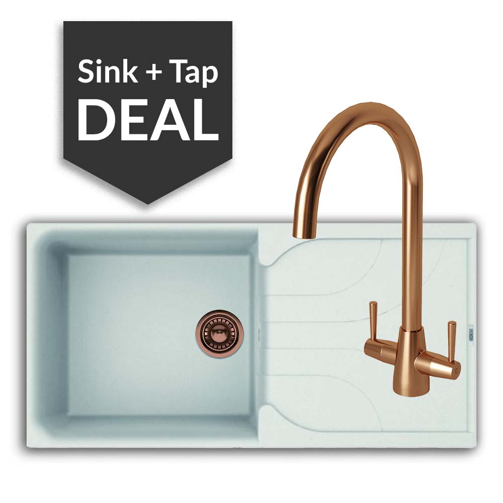 Quartz White Large Single Bowl Sink & Cascade Copper Tap Pack