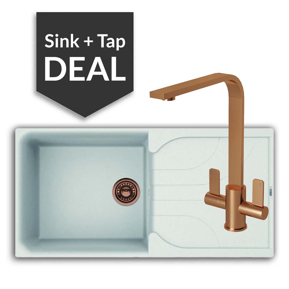 Quartz White Large Single Bowl Sink & Mesa Copper Tap Pack