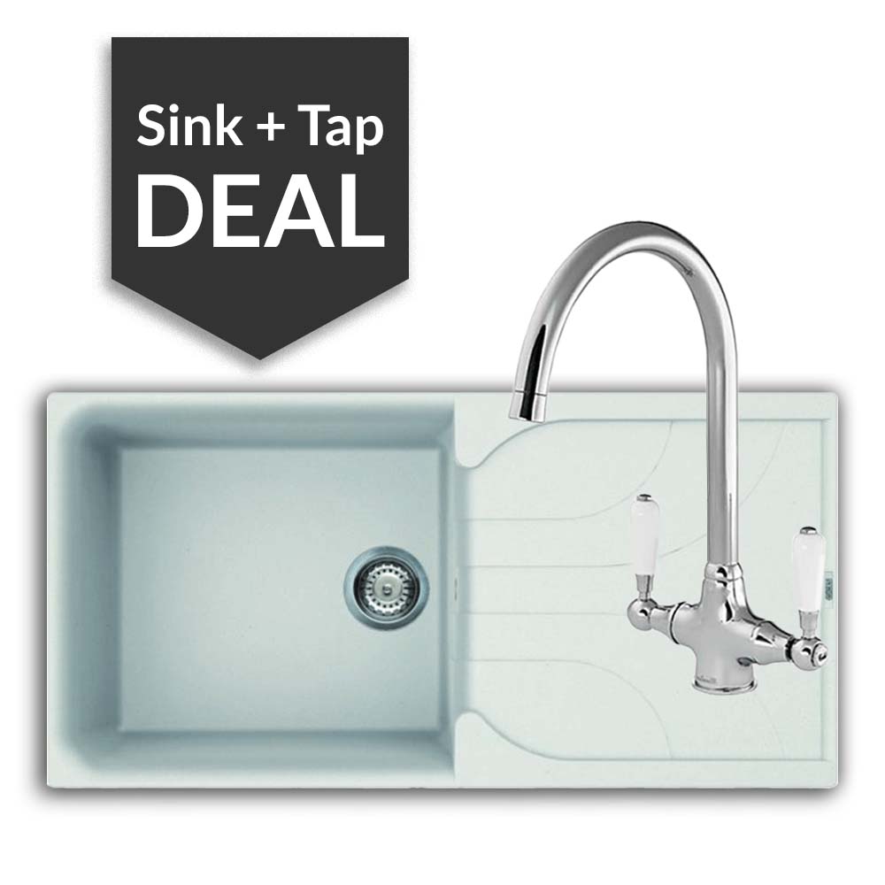 Quartz White Large Single Bowl Sink & Belmore Chrome Tap Pack