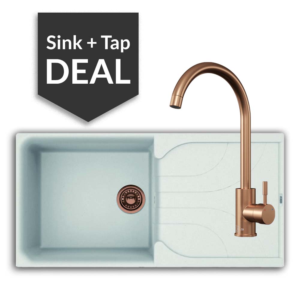 Quartz White Large Single Bowl Sink & Varone Copper Tap Pack