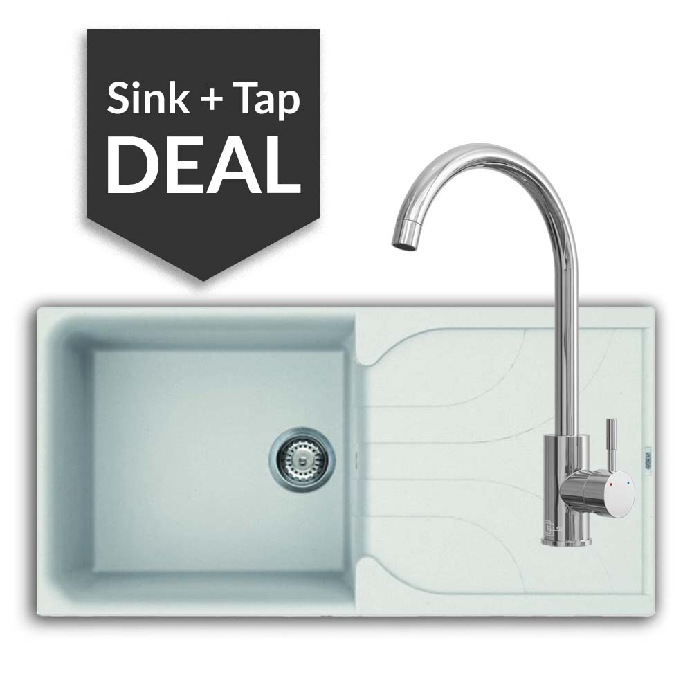 Quartz White Large Single Bowl Sink & Varone Chrome Tap Pack