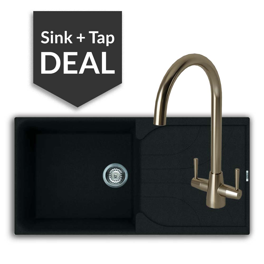 Quartz Black Large Single Bowl Sink & Cascade Brushed Steel Tap Pack