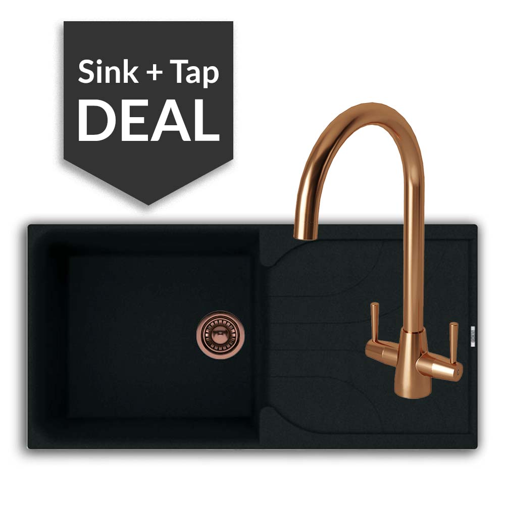 Quartz Black Large Single Bowl Sink & Cascade Copper Tap Pack