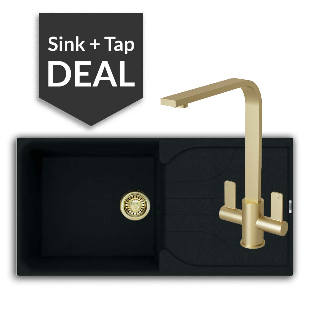 Quartz Black Large Single Bowl Sink & Mesa Brass Tap Pack