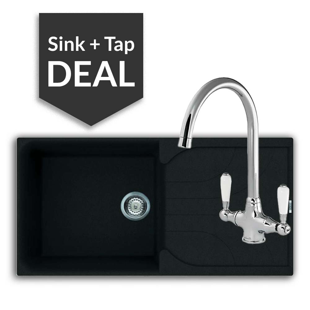Quartz Black Large Single Bowl Sink & Belmore Chrome Tap Pack