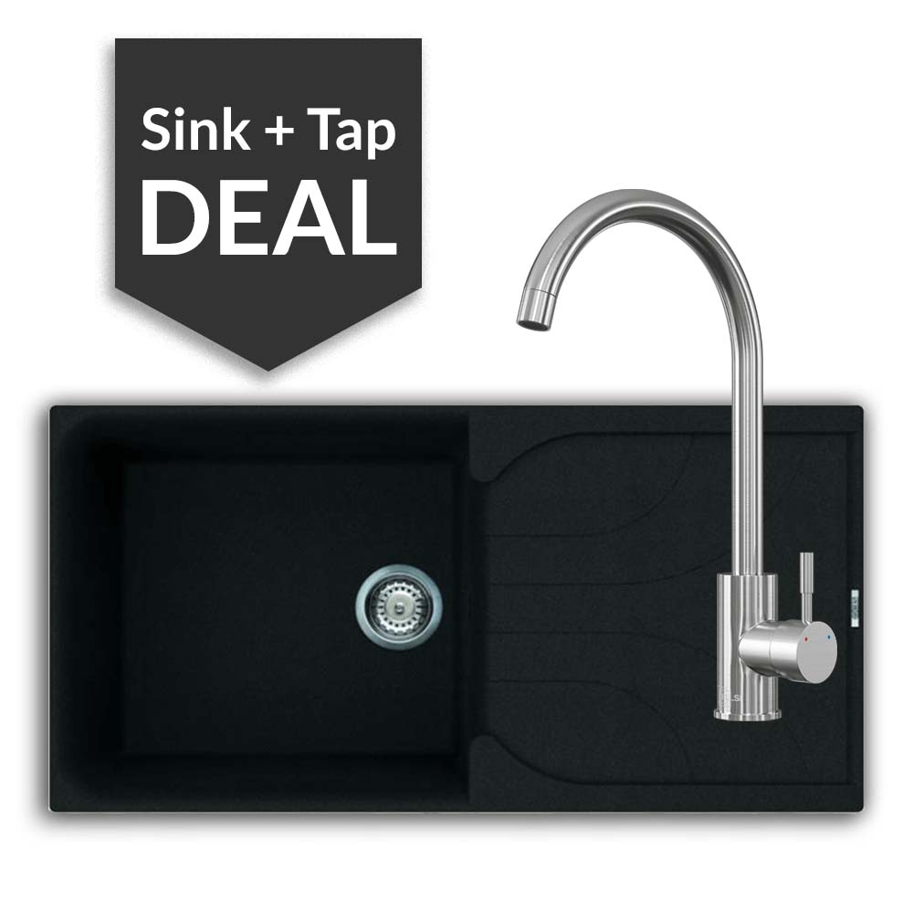 Quartz Black Large Single Bowl Sink & Varone Brushed Steel Tap Pack