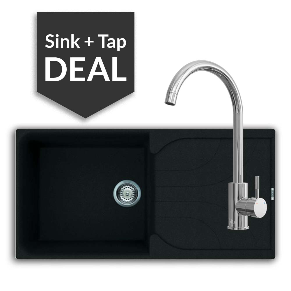 Quartz Black Large Single Bowl Sink & Varone Chrome Tap Pack