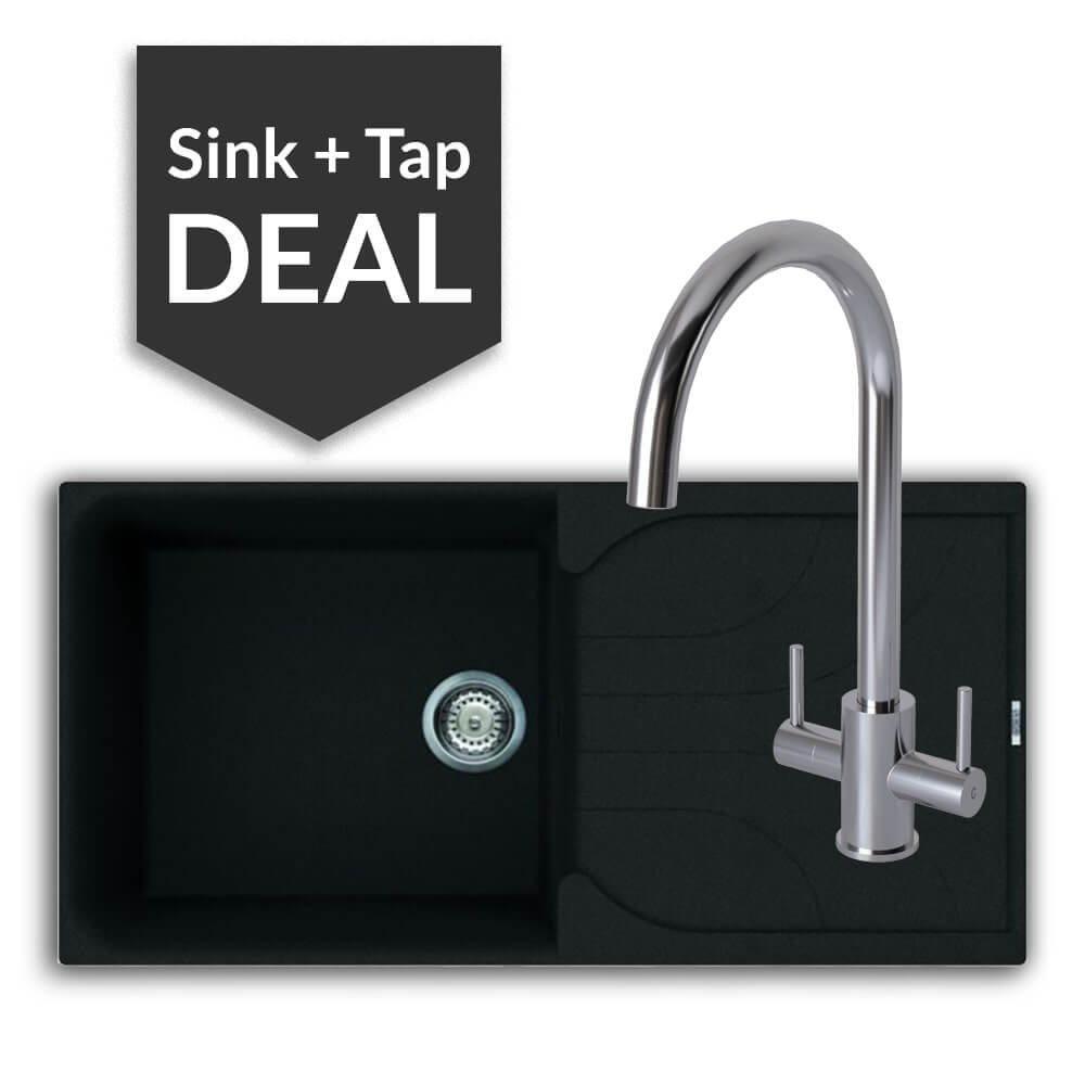 Quartz Black Large Single Bowl Sink & Apsley Chrome Tap Pack
