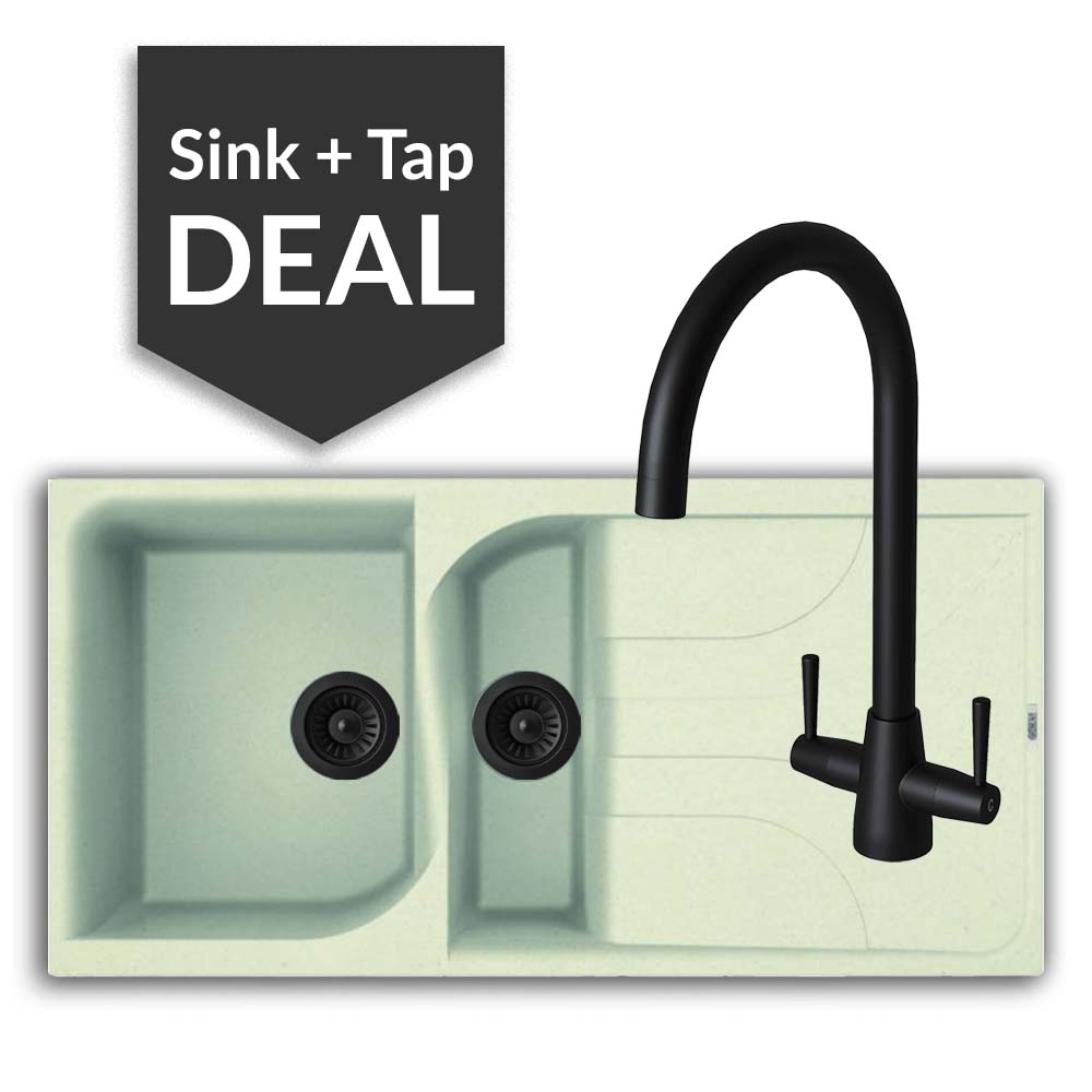Quartz Cream 1.5 Bowl Sink & Cascade Matte Black Tap Pack