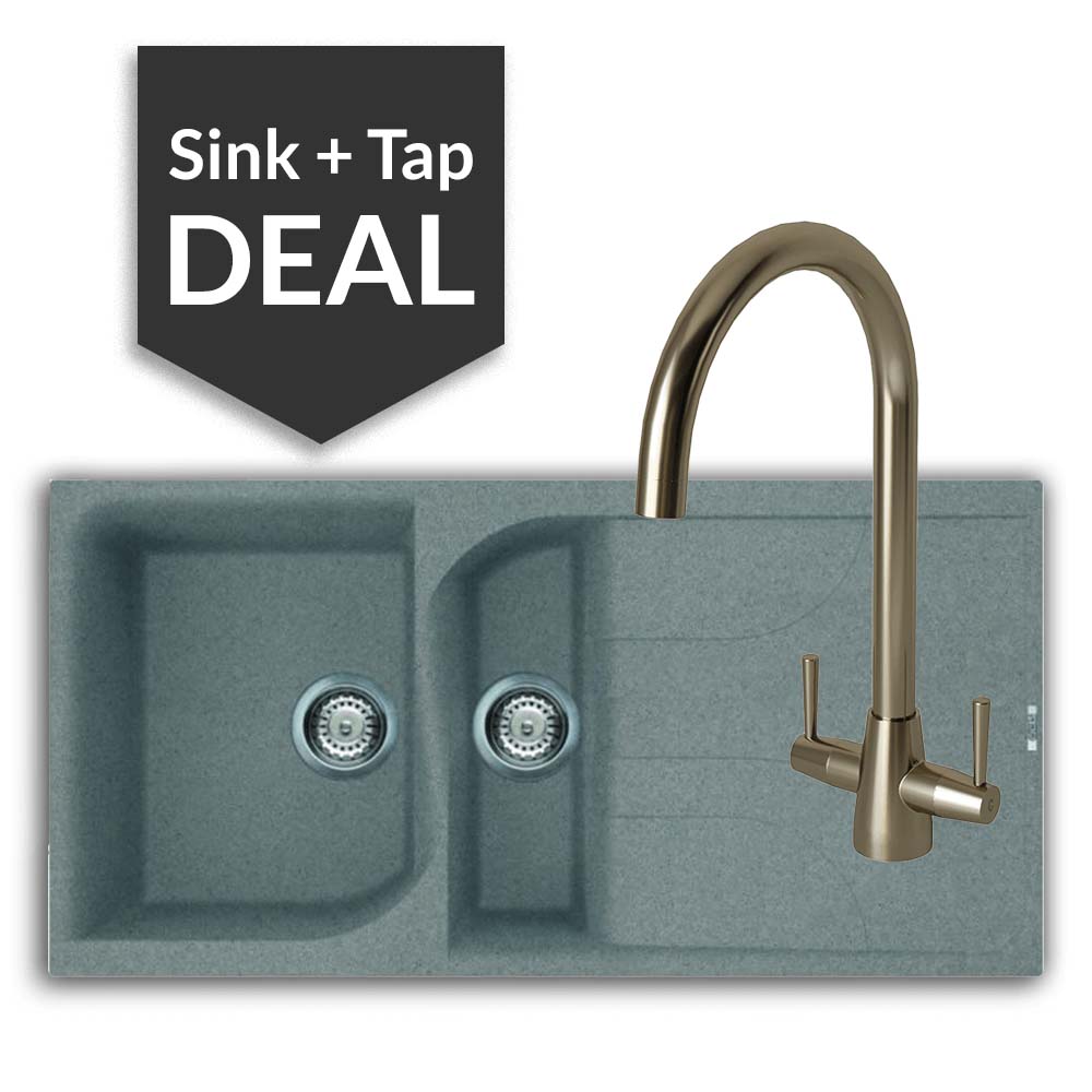 Quartz Titanium 1.5 Bowl Sink Sink & Cascade Brushed Steel Tap Pack