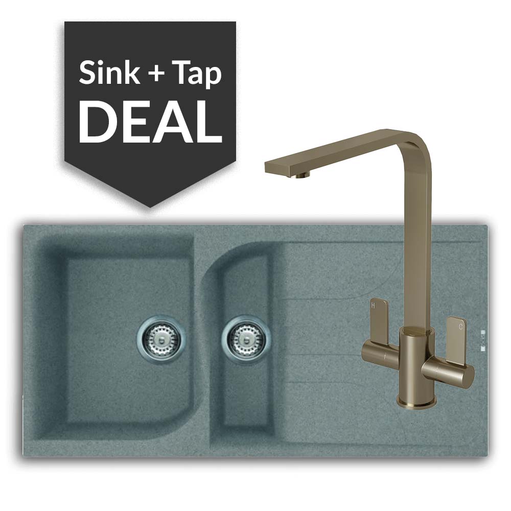 Quartz Titanium 1.5 Bowl Sink Sink & Mesa Brushed Steel Tap Pack