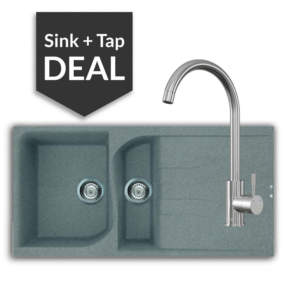 Quartz Titanium 1.5 Bowl Sink Sink & Varone Brushed Steel Tap Pack