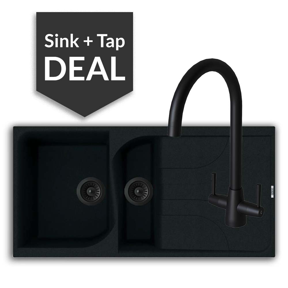 Quartz Black 1.5 Bowl Sink & Cascade Matte Black Tap Pack