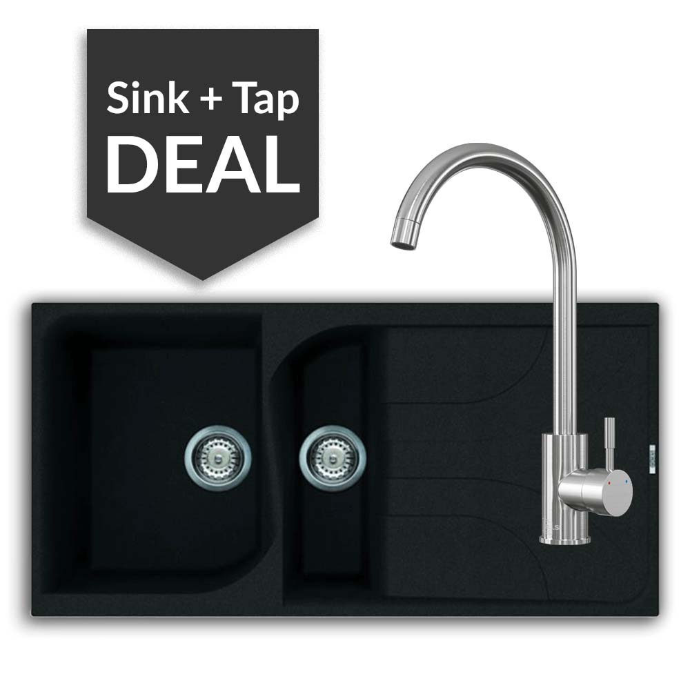 Quartz Black 1.5 Bowl Sink & Varone Brushed Steel Tap Pack