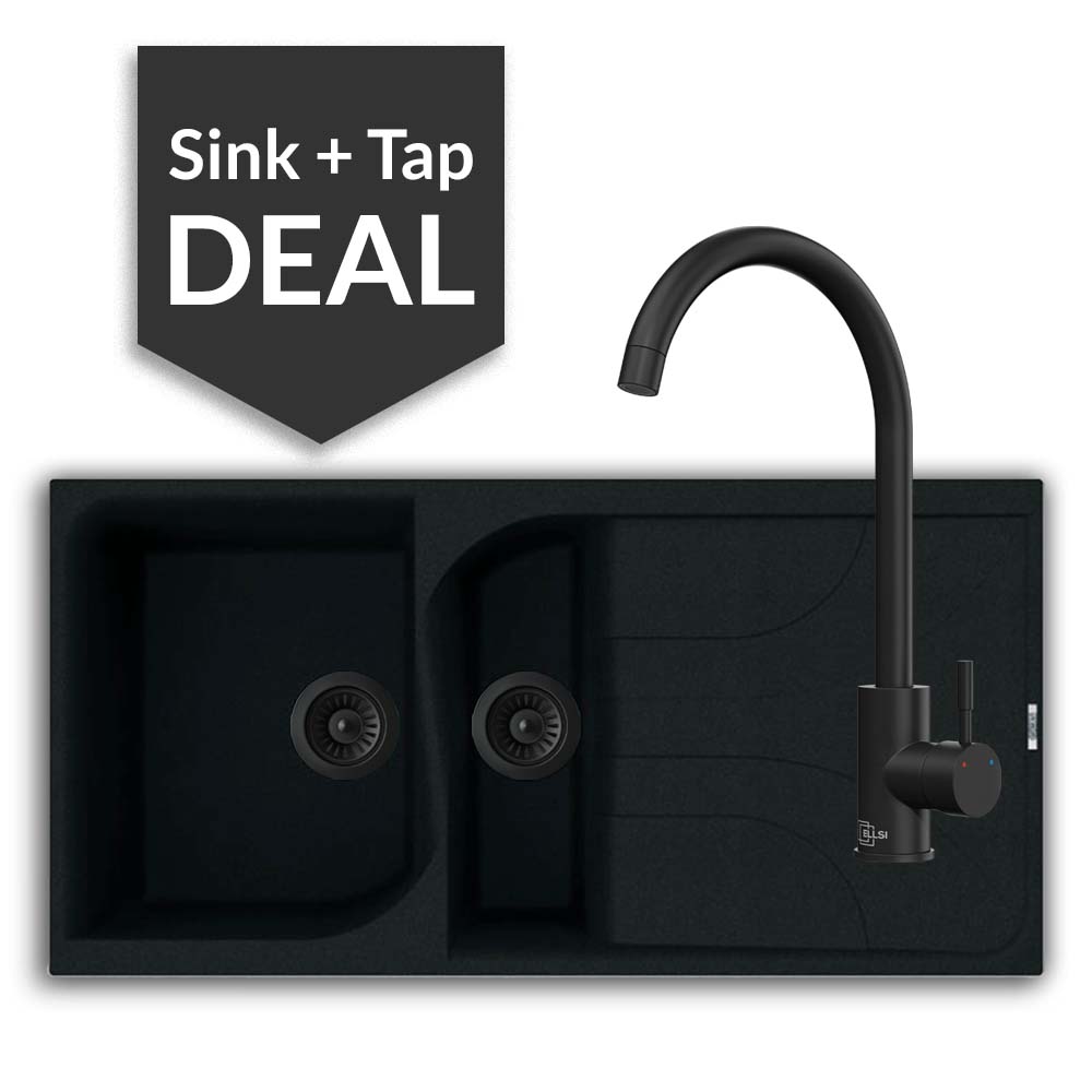 Quartz Black 1.5 Bowl Sink & Varone Matte Black Tap Pack