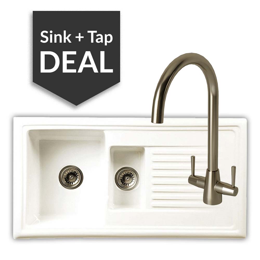Ceramic 1.5 Bowl Sink & Cascade Brushed Steel Tap Pack
