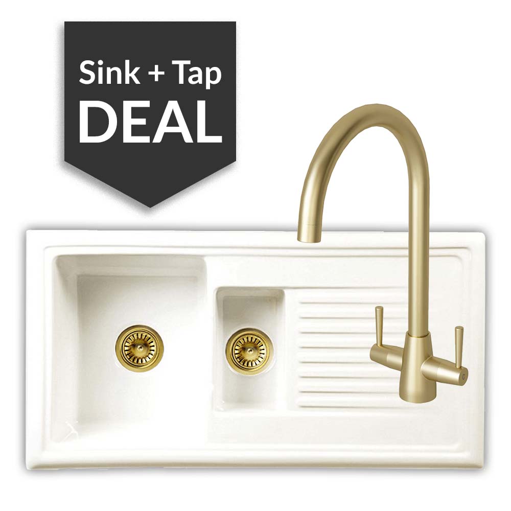 Ceramic 1.5 Bowl Sink & Cascade Brass Tap Pack