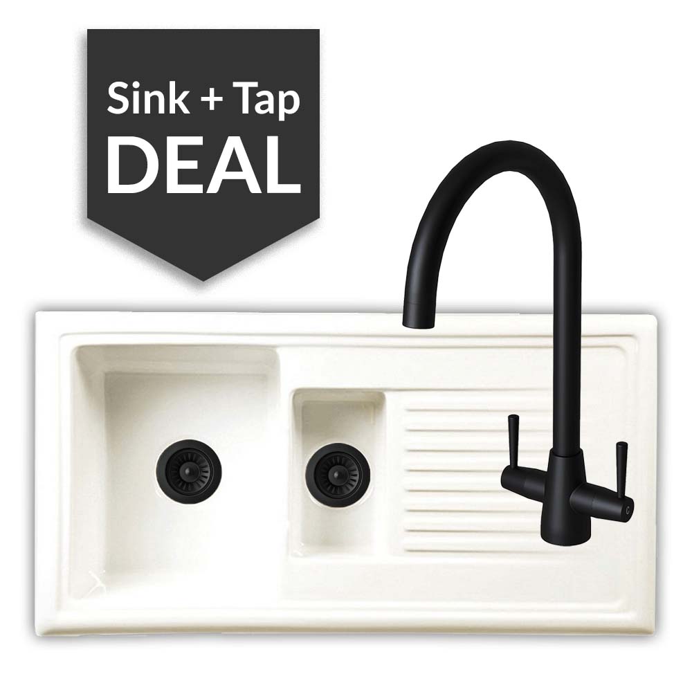 Ceramic 1.5 Bowl Sink & Cascade Matte Black Tap Pack