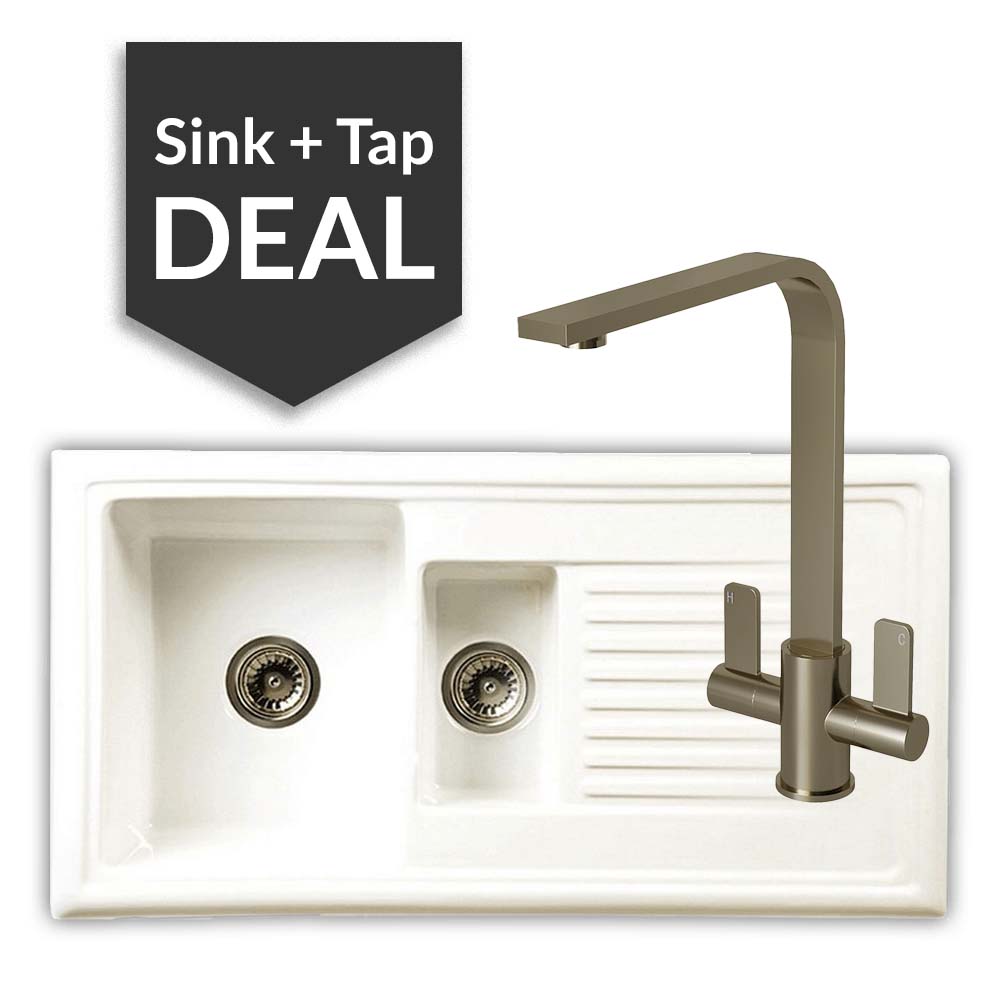 Ceramic 1.5 Bowl Sink & Mesa Brushed Steel Tap Pack