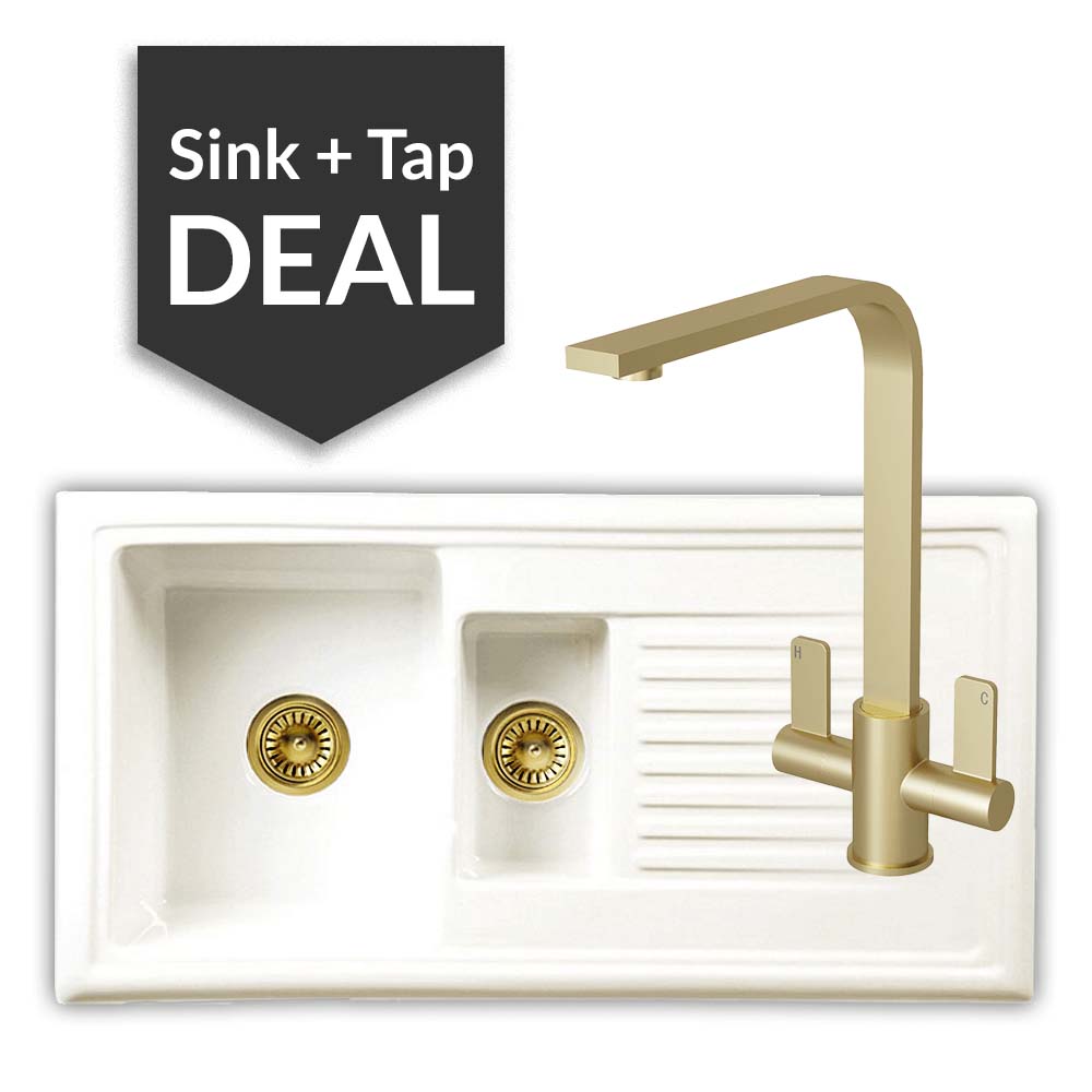 Ceramic 1.5 Bowl Sink & Mesa Brass Tap Pack