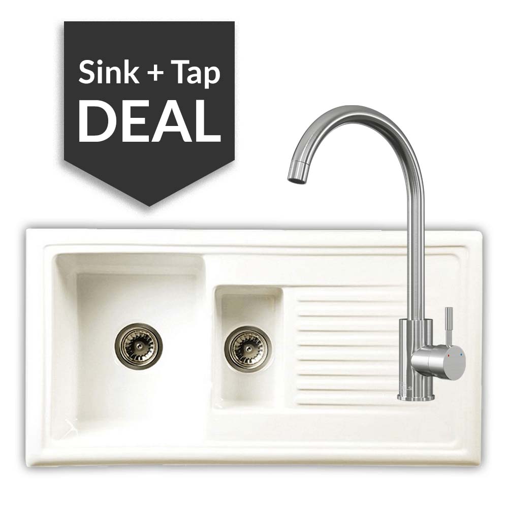 Ceramic 1.5 Bowl Sink & Varone Brushed Steel Tap Pack