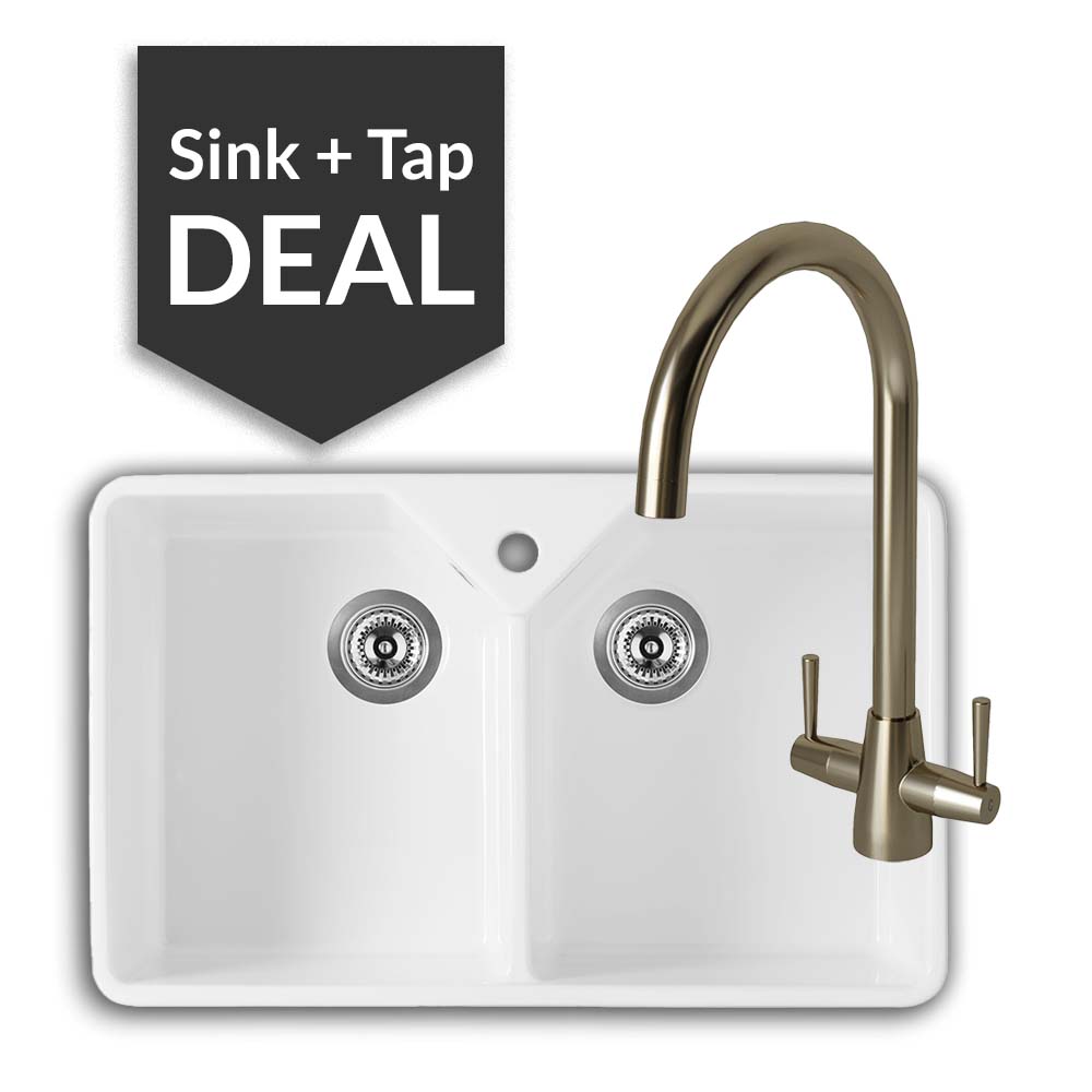 800mm Double Belfast Sink & Cascade Brushed Steel Tap Pack