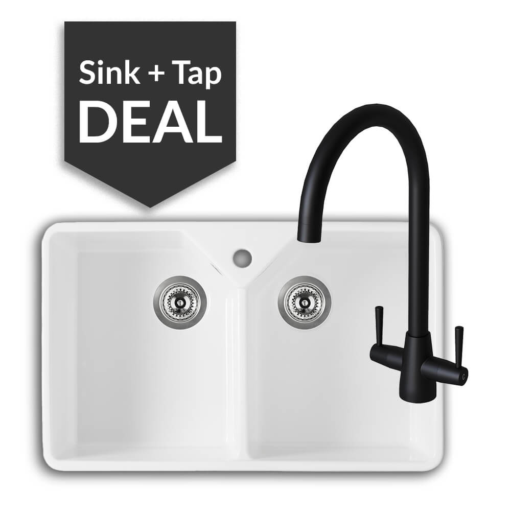 800mm Double Belfast Sink & Cascade Matte Black Tap Pack