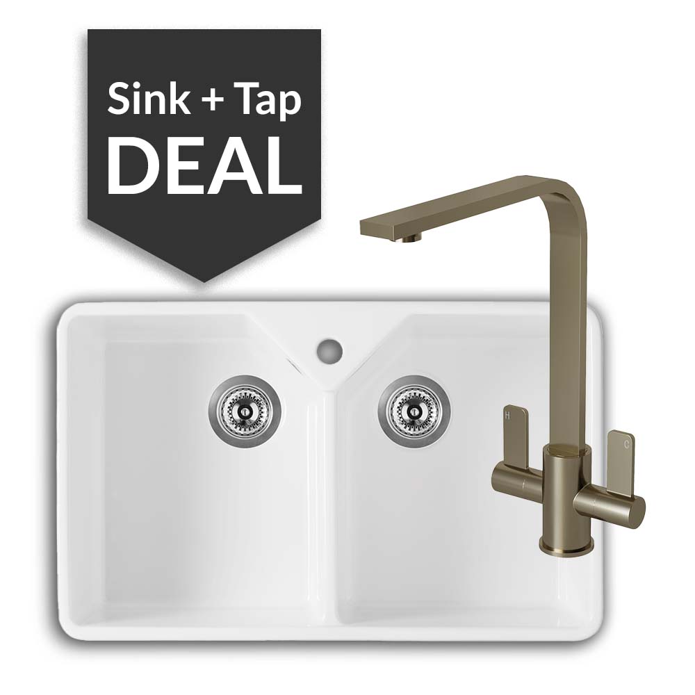 800mm Double Belfast Sink & Mesa Brushed Steel Tap Pack