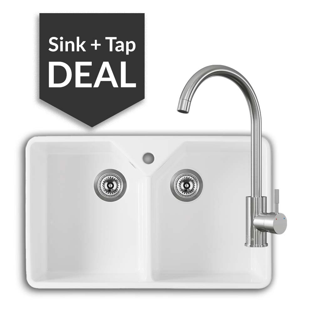 800mm Double Belfast Sink & Varone Brushed Steel Tap Pack