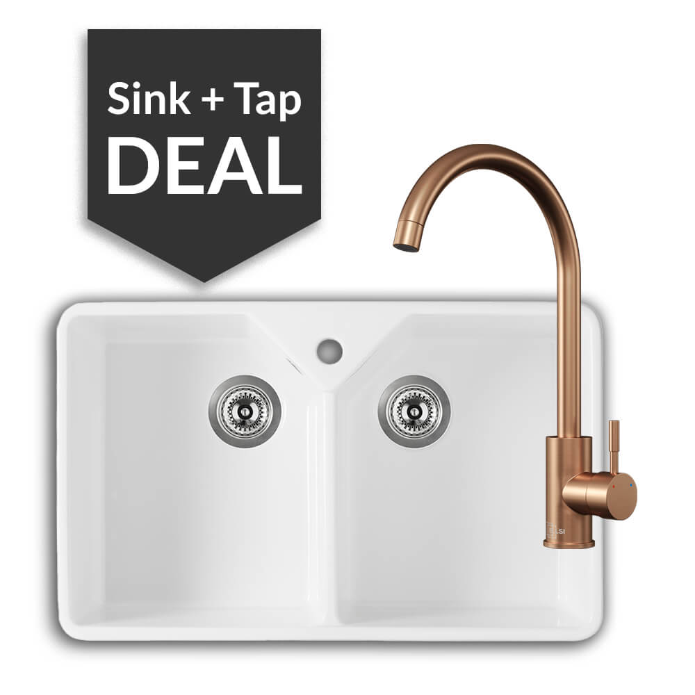 800mm Double Belfast Sink & Varone Copper Tap Pack