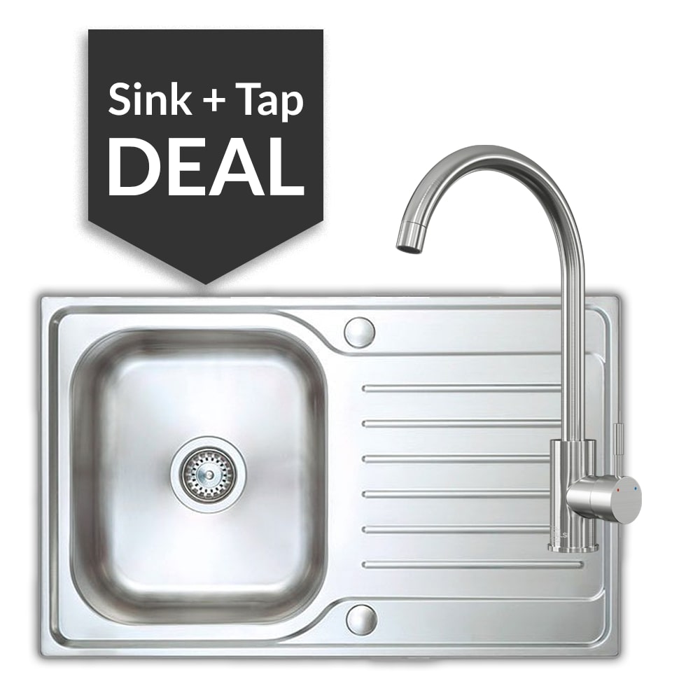 Premium Stainless Steel Small Single Bowl Sink & Varone Brushed Steel Tap Pack