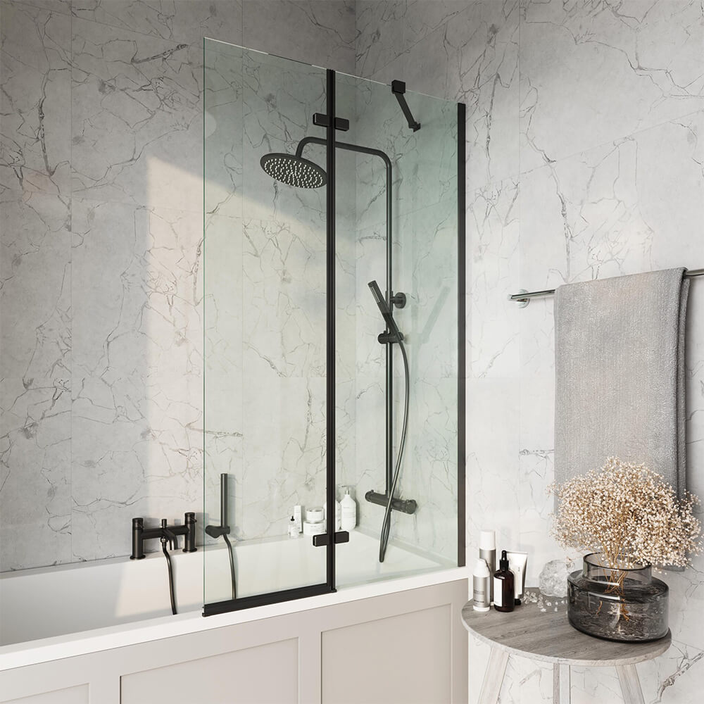 Black Square 900mm Pivot Bath Screen 
