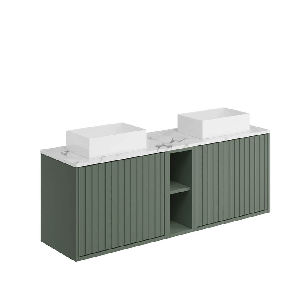 Alfie 1400 Cabinet with Fluted Door, Side Storage & Counter Top Basin - Reed Green (Complete)