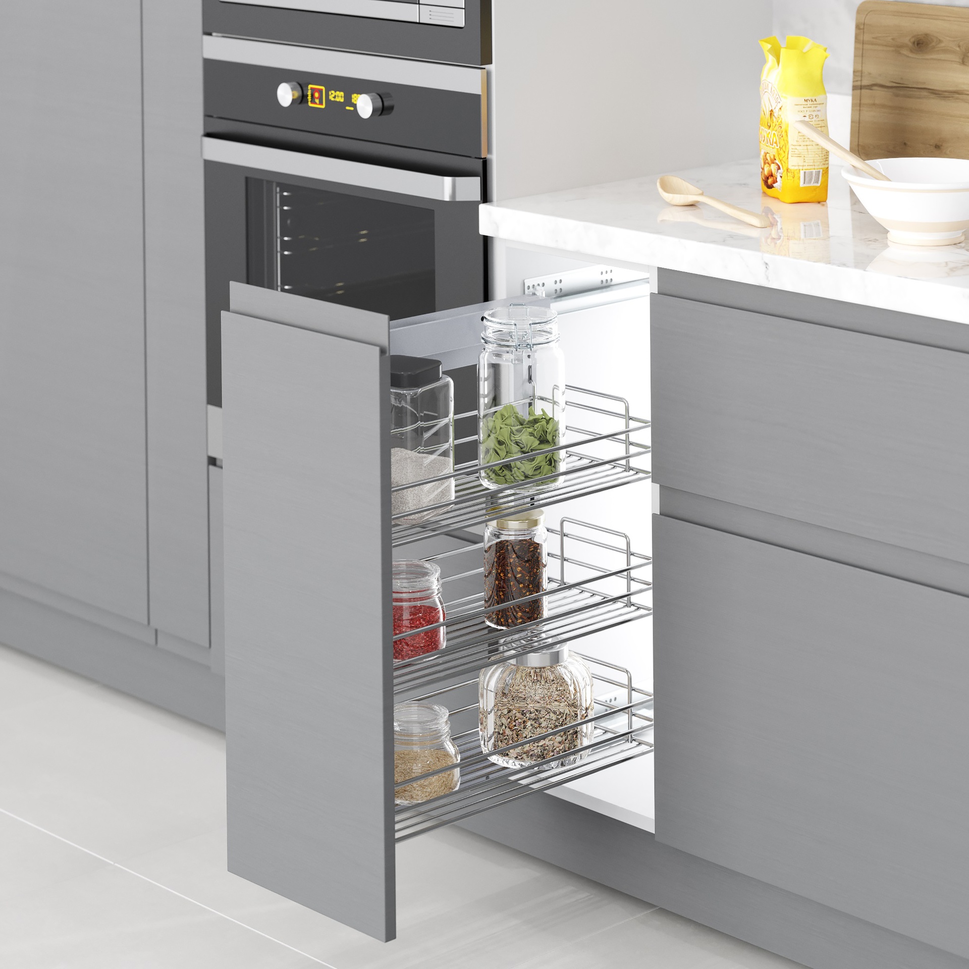 400mm Base Pull Out Storage Basket - Soft Close - Chrome